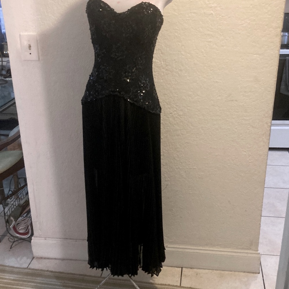 After Five Black Sequins Lace and Chiffon Strapless Long Dress 6